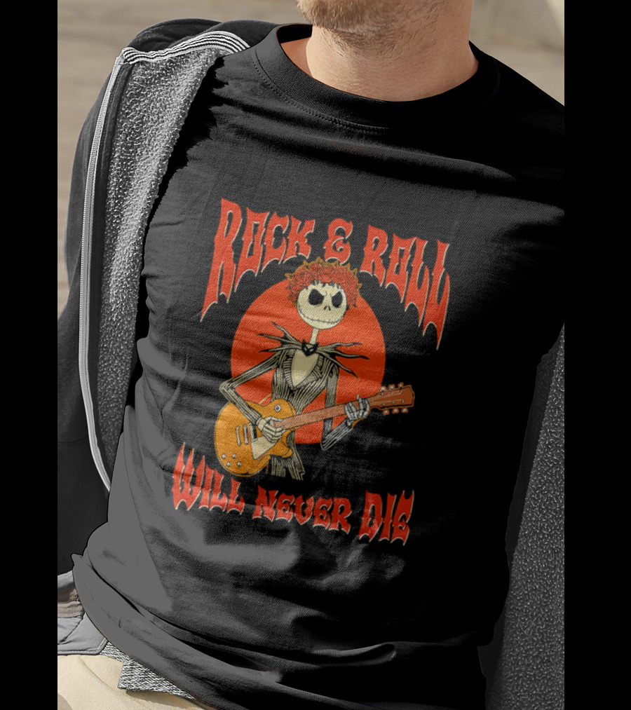 Rock And Roll Will Never Die Jack Skellington Playing Guitar T-Shirt