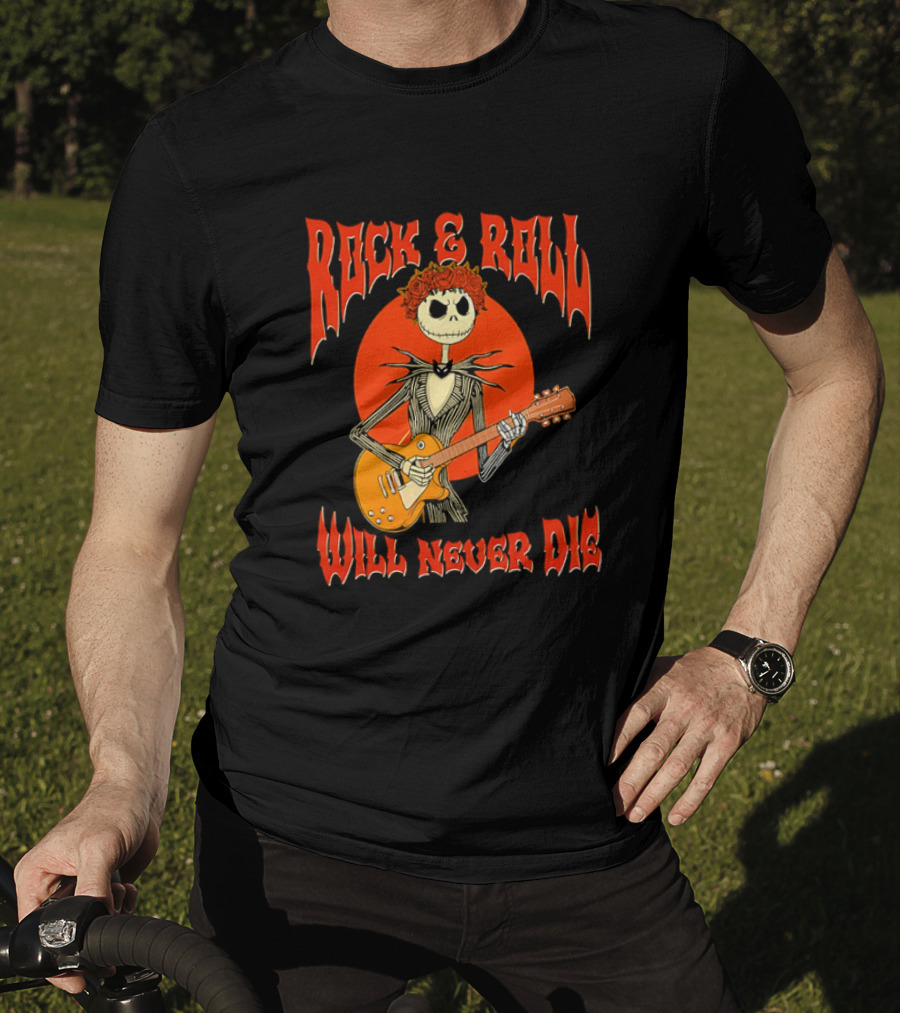 Rock And Roll Will Never Die Jack Skellington Playing Guitar T-Shirt