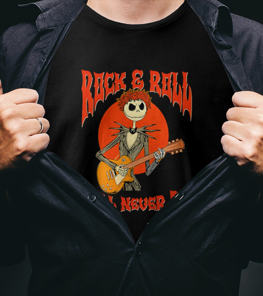 Rock And Roll Will Never Die Jack Skellington Playing Guitar T-Shirt