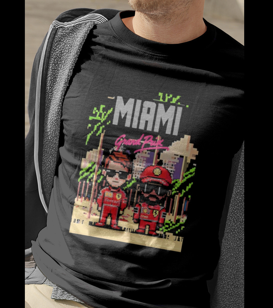 Lewis Hamilton Charles Leclerc Ferrari Team Pixel Style Miami Grand Prix 2025 T-Shirt