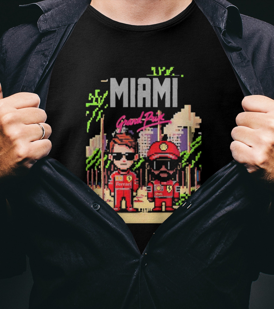 Lewis Hamilton Charles Leclerc Ferrari Team Pixel Style Miami Grand Prix 2025 T-Shirt