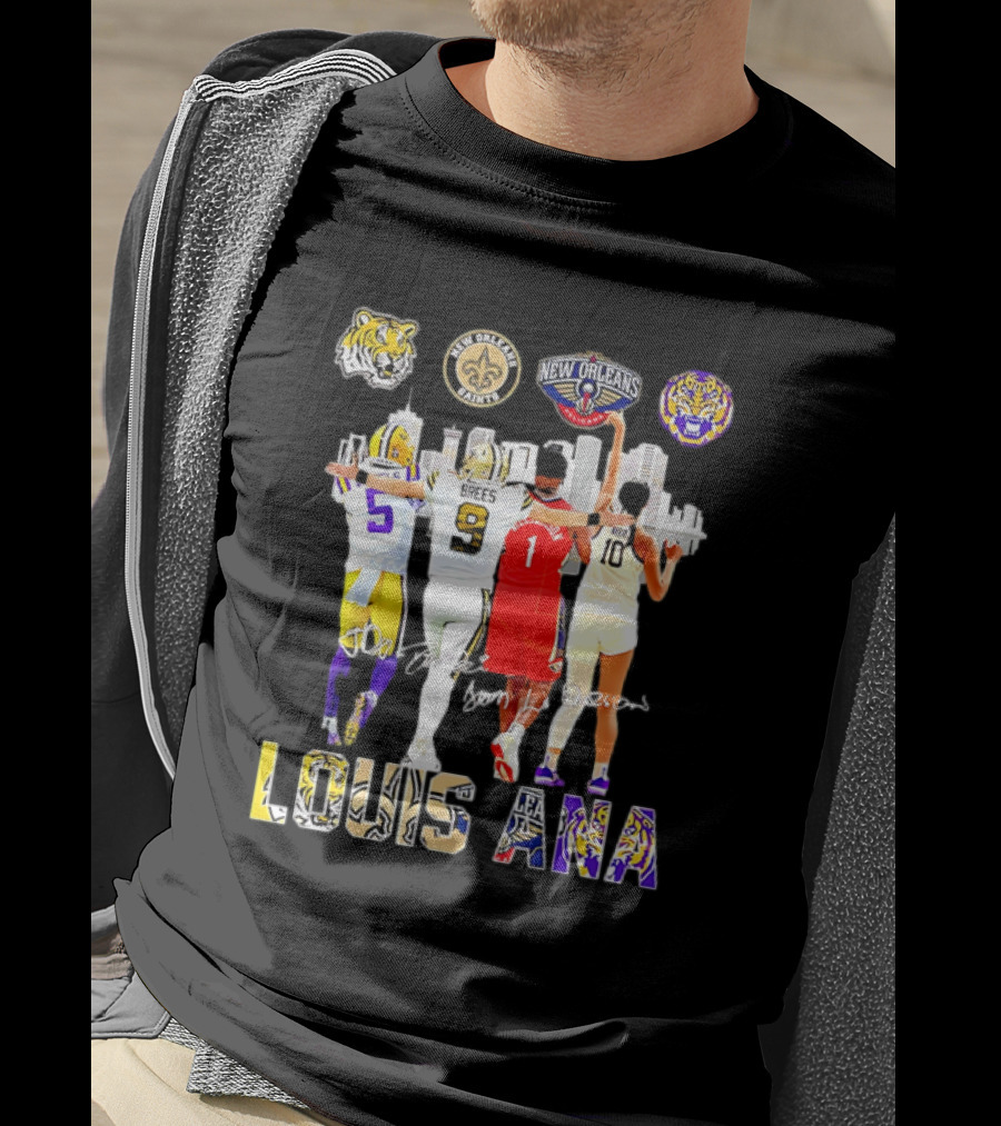 Louisiana Sports Teams 2025 Signatures Skyline Drew Brees Tiger Saint Pelican LSU T-Shirt