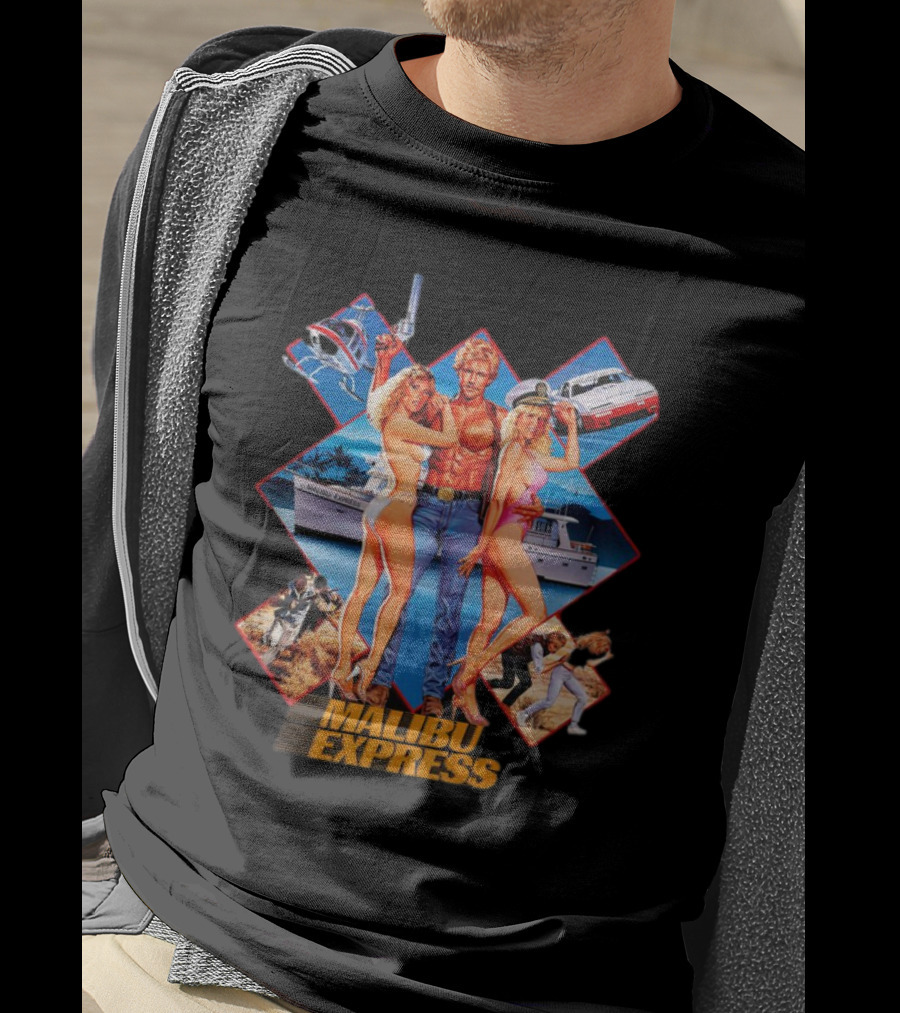 Malibu Express Action Movie 1985 Art With Yacht And Helicopter T-Shirt