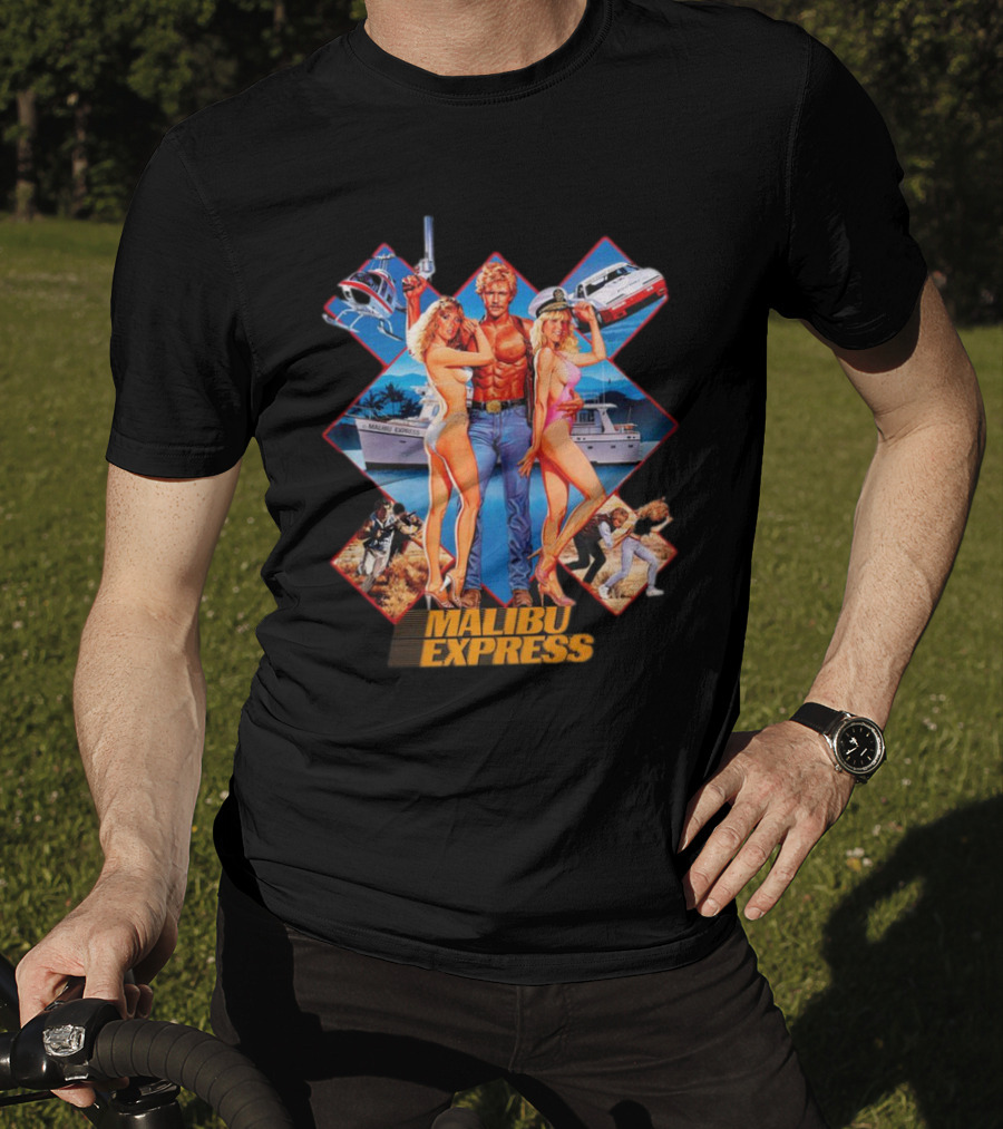 Malibu Express Action Movie 1985 Art With Yacht And Helicopter T-Shirt