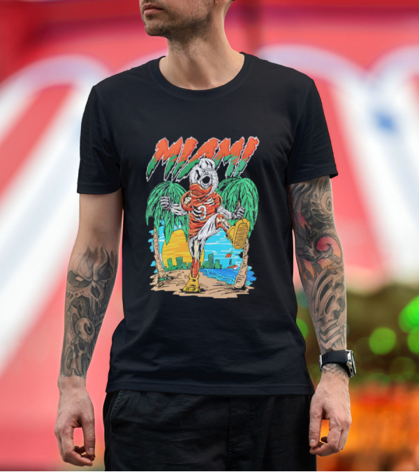 Premium T-Shirt: Miami Hurricanes Sebastian the Ibis Palm Trees Cityscape Sunrise T-Shirt Miami Hurricanes Sebastian the Ibis Palm Trees Cityscape Sunrise T-Shirt