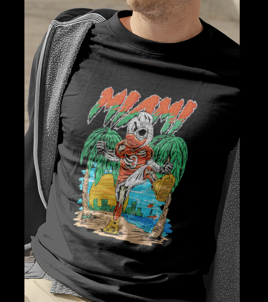Miami Hurricanes Sebastian The Ibis Palm Trees Cityscape Sunrise T-Shirt