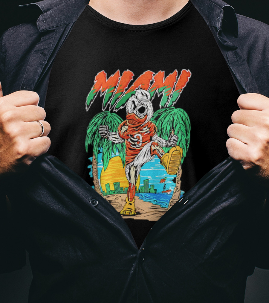 Miami Hurricanes Sebastian The Ibis Palm Trees Cityscape Sunrise T-Shirt