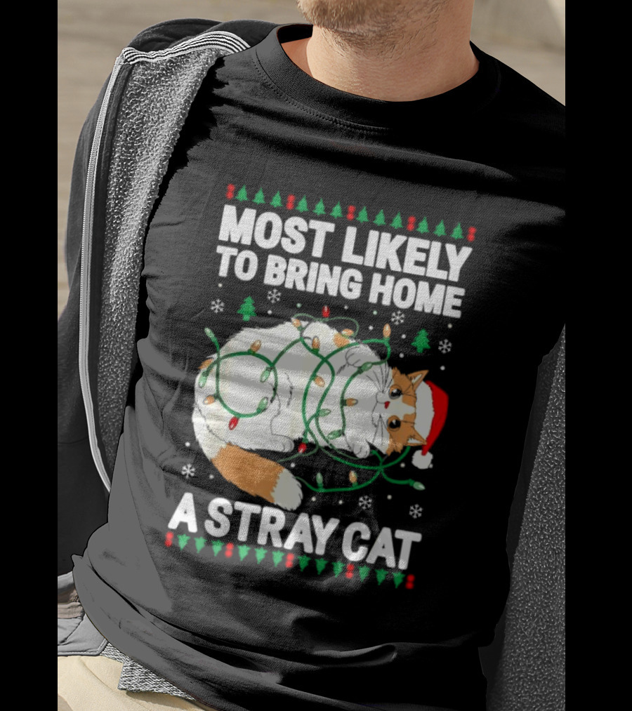 Most Likely To Bring Home A Stray Cat Christmas Lights Santa Hat Festive Holiday Cat T-Shirt