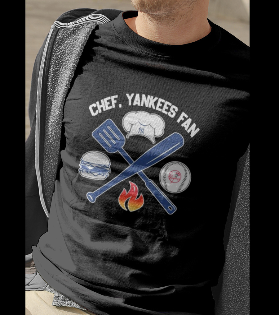 Chef Yankees Fan Hamburgers BBQ Baseball Cap Crossed Spatula Bat Fire Icon T-Shirt