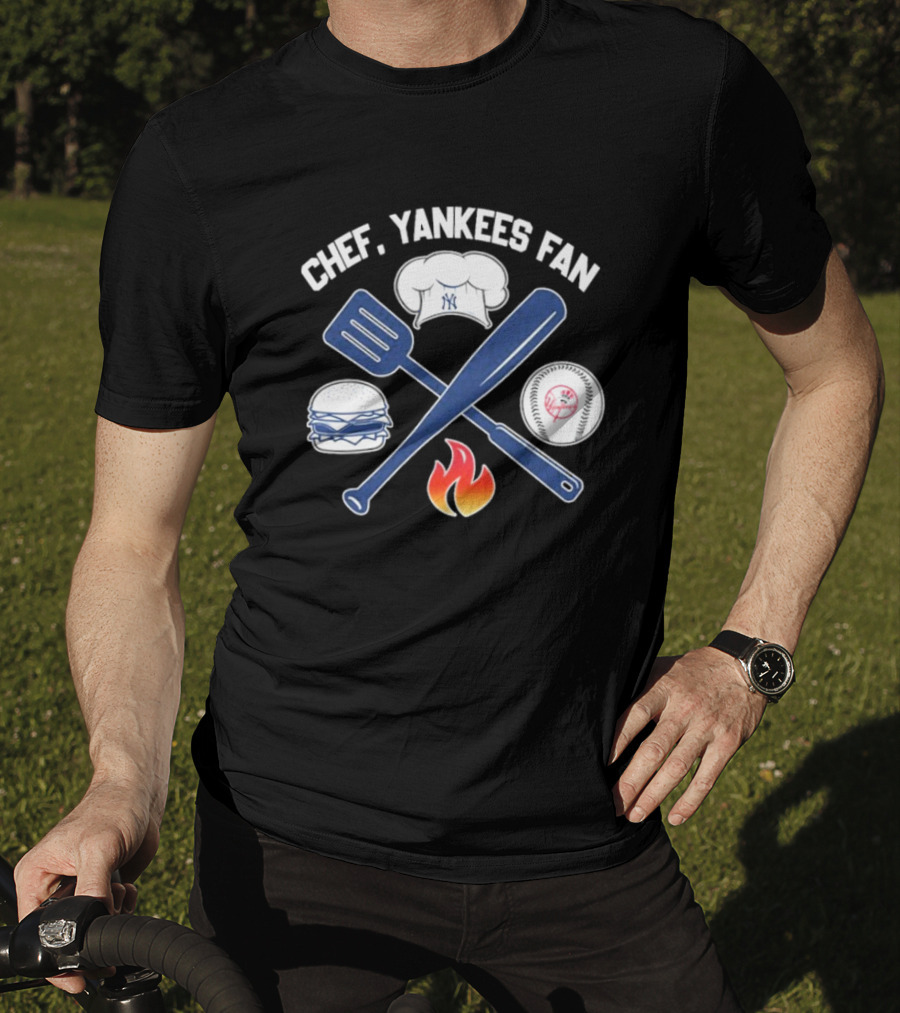 Chef Yankees Fan Hamburgers BBQ Baseball Cap Crossed Spatula Bat Fire Icon T-Shirt