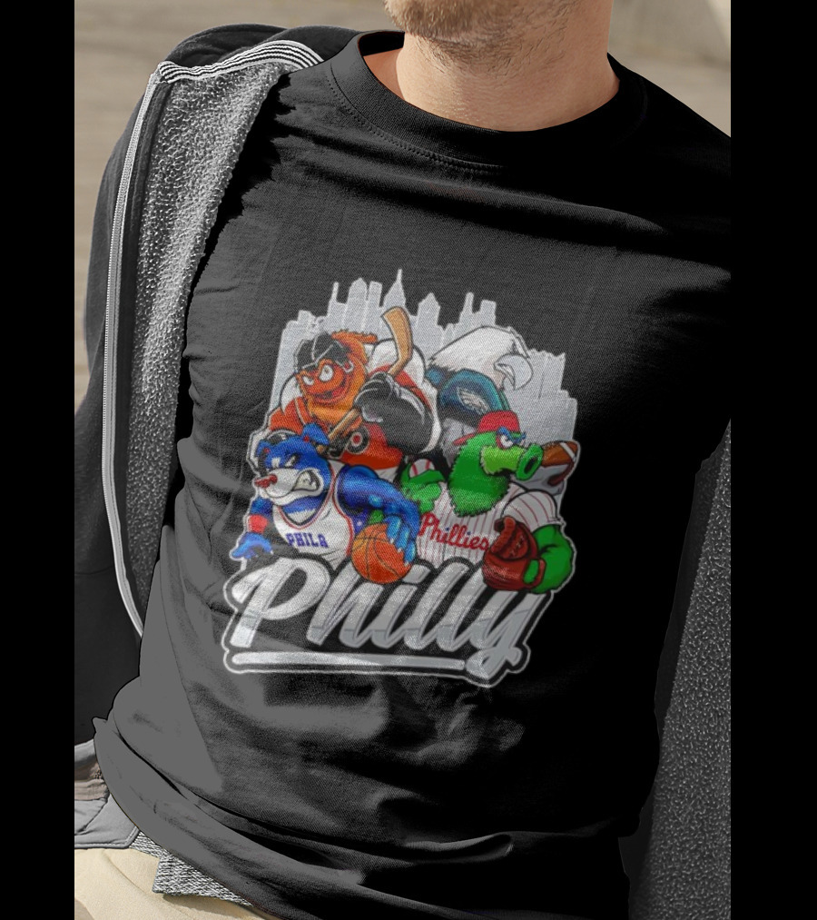 Philly Sports Mascots Basketball Baseball Hockey City Skyline T-Shirt
