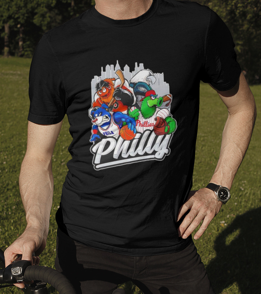 Philly Sports Mascots Basketball Baseball Hockey City Skyline T-Shirt