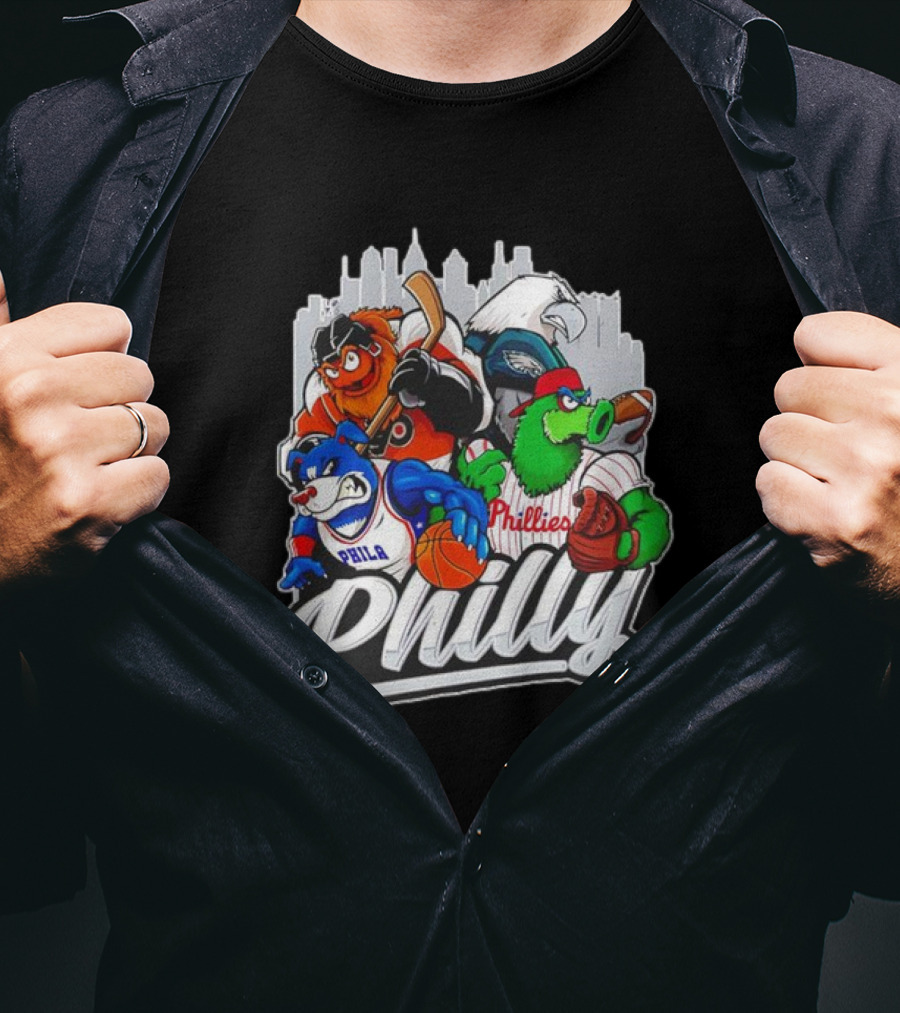 Philly Sports Mascots Basketball Baseball Hockey City Skyline T-Shirt