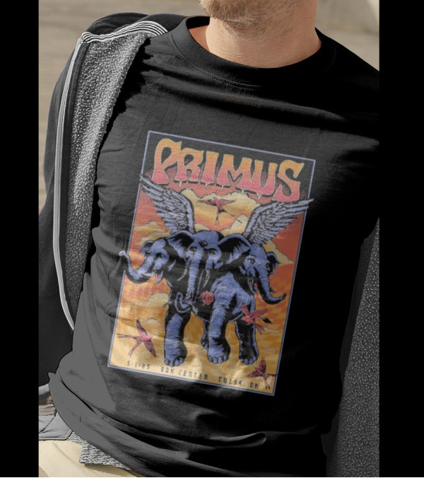 Primus Event Show F4D Studios May 1 2025 Tulsa BOK Center Winged Blue Elephants And Orange Sky Art T-Shirt