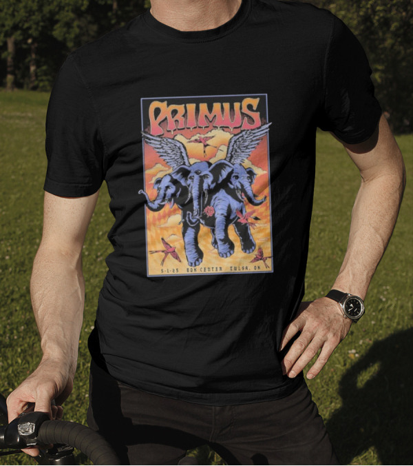 Primus Event Show F4D Studios May 1 2025 Tulsa BOK Center Winged Blue Elephants And Orange Sky Art T-Shirt