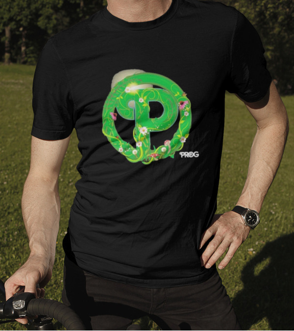 Prog Green Nature-Inspired Letter P With Flowers And Mushrooms T-Shirt