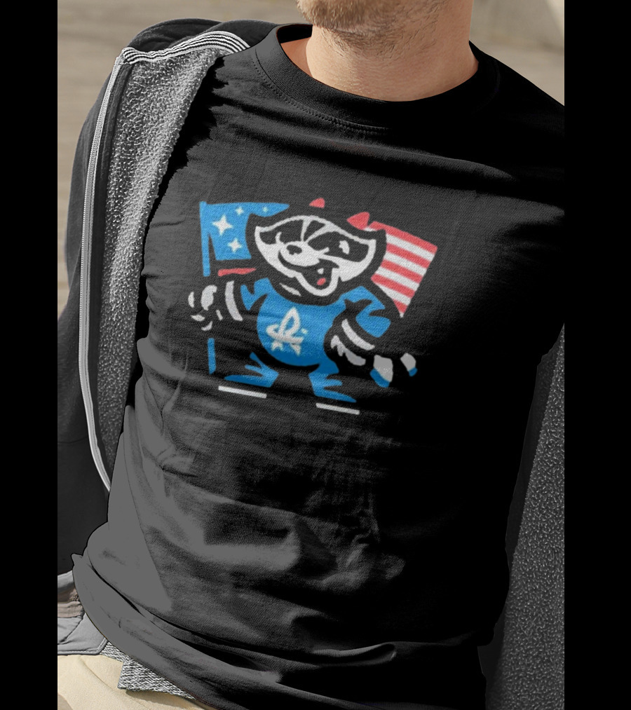 Rocket City Trash Pandas Mascot Holding American Flag And Rocket Logo T-Shirt