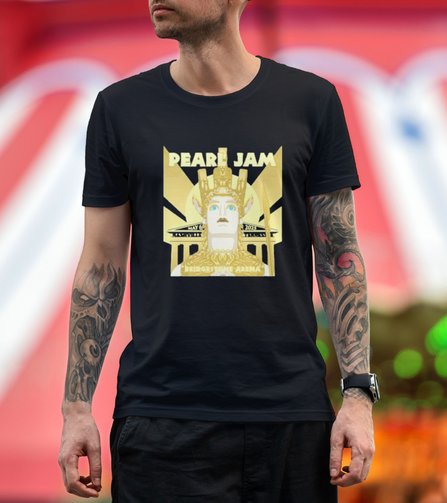 Pearl Jam Nashville TN Dark Matter World Tour 2025 Bridgestone Arena May 6 Event Athena Gold Warrior Helmet Design T-Shirt