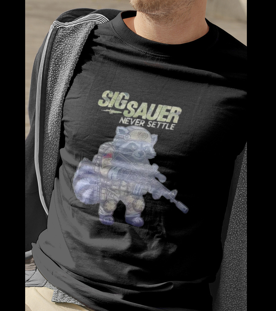 Raccoon Soldier Sig Sauer Never Settle Tactical Gear T-Shirt