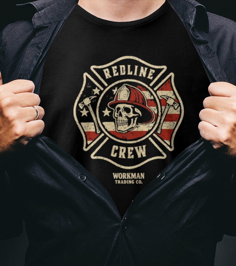 Redline Crew Workman Trading Co Skull Firefighter American Flag T-Shirt