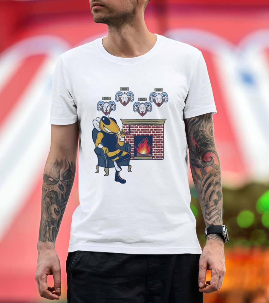 GT Mantel Pocket Yellow Jacket By Fireplace With Ram Trophies T-Shirt