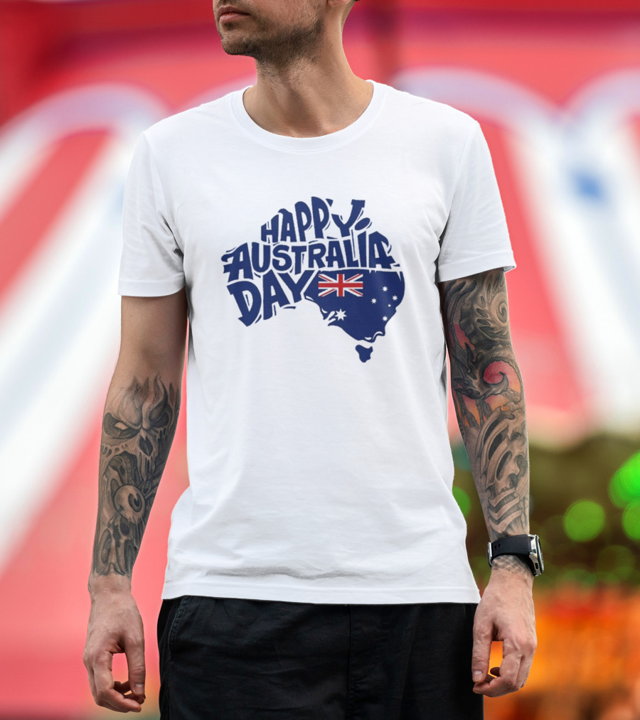 Happy Australia Day Map with Flag Inside Text T-Shirt