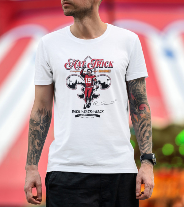 Premium T-Shirt: Patrick Mahomes KC Chiefs Hat Trick Back To Back Conference Titles 2022–2024 T-Shirt Patrick Mahomes KC Chiefs Hat Trick Back To Back Conference Titles 2022–2024 T-Shirt