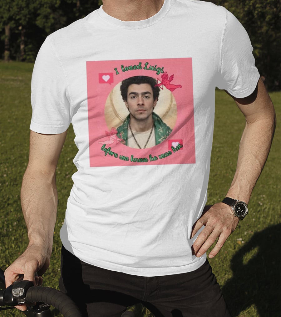 I Loved Luigi Before We Knew He Was Hot Pink Background Heart And Cupid Design T-Shirt