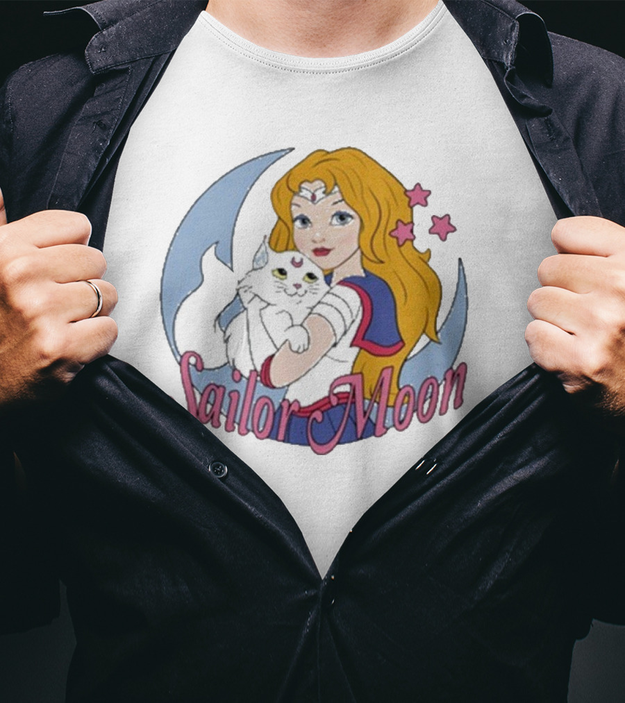Sailor Moon Holding White Cat With Stars T-Shirt