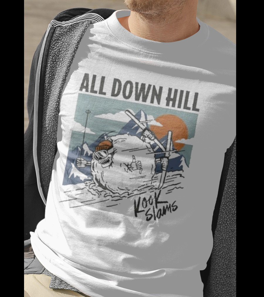 Kook Slams All Down Hill Skiing Adventure Orange Sunset Rugged Mountains T-Shirt