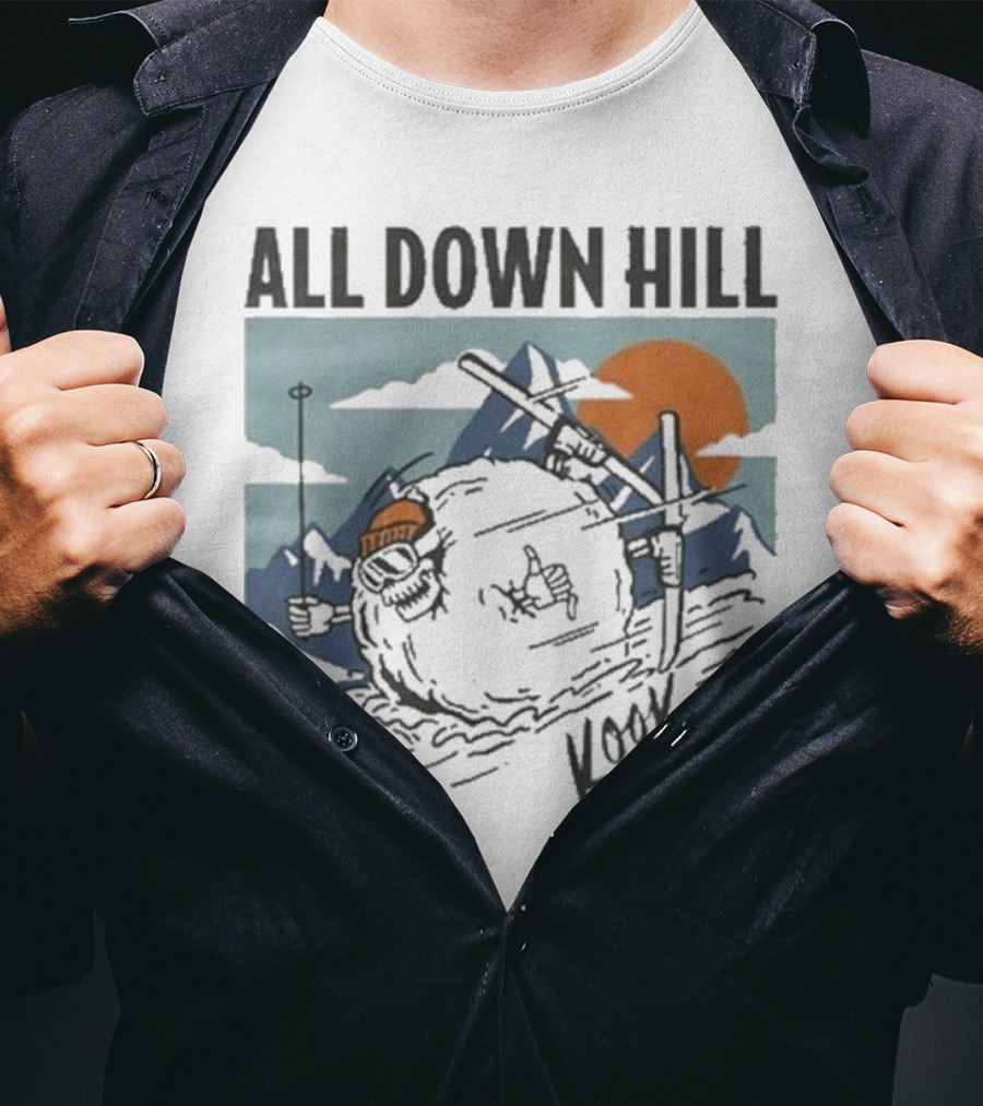 Kook Slams All Down Hill Skiing Adventure Orange Sunset Rugged Mountains T-Shirt