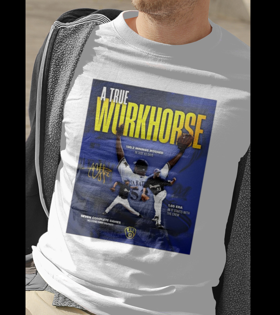 A True Workhorse Milwaukee Brewers CC Sabathia 130.2 Innings 82 Days 1.65 ERA Seven Complete Games Signature T-Shirt