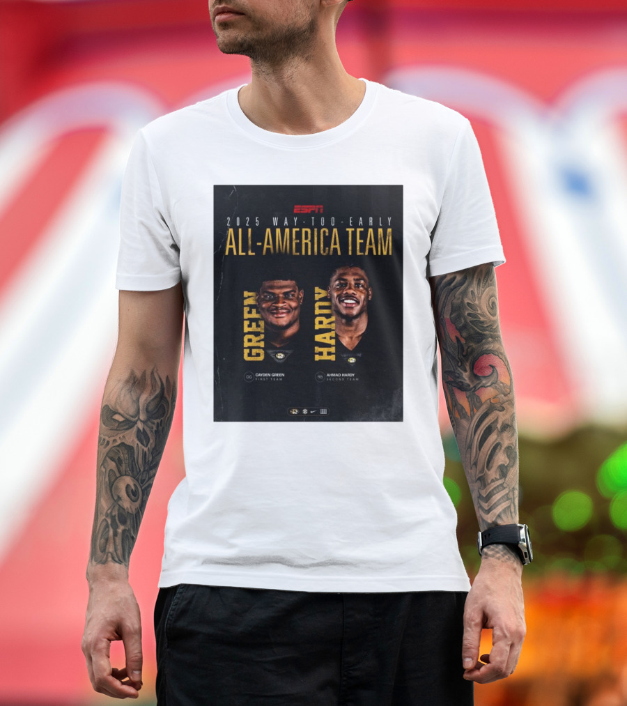 ESPN 2025 Way-Too-Early All-America Team Cayden Green Ahmad Hardy Missouri Tigers T-Shirt