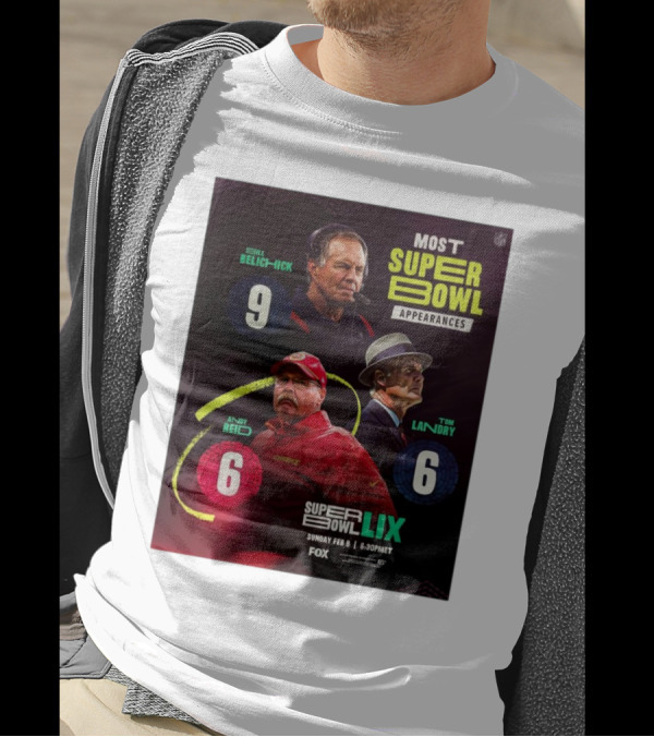 Most Super Bowl Appearances Bill Belichick 9 Andy Reid 6 Tom Landry 6 Super Bowl LIX February 9 2025 Fox NFL T-Shirt
