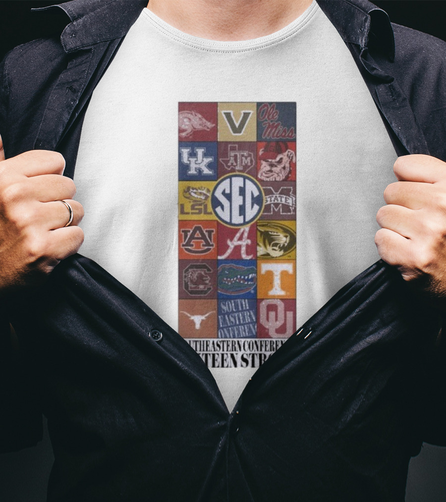 Southeastern Conference SEC Sixteen Strong Ole Miss Vols Razorbacks Kentucky LSU Auburn Alabama Gamecocks Mississippi Gators Longhorns Oklahoma T-Shirt