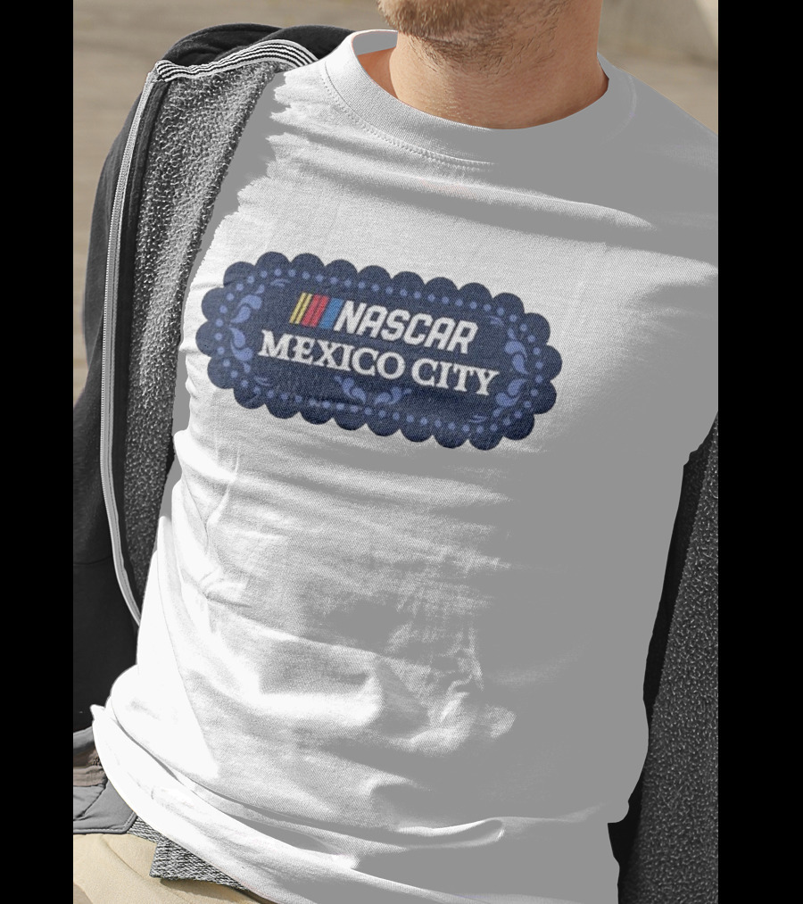 NASCAR Mexico City Scalloped Emblem With Colorful Stripes On Blue Background T-Shirt