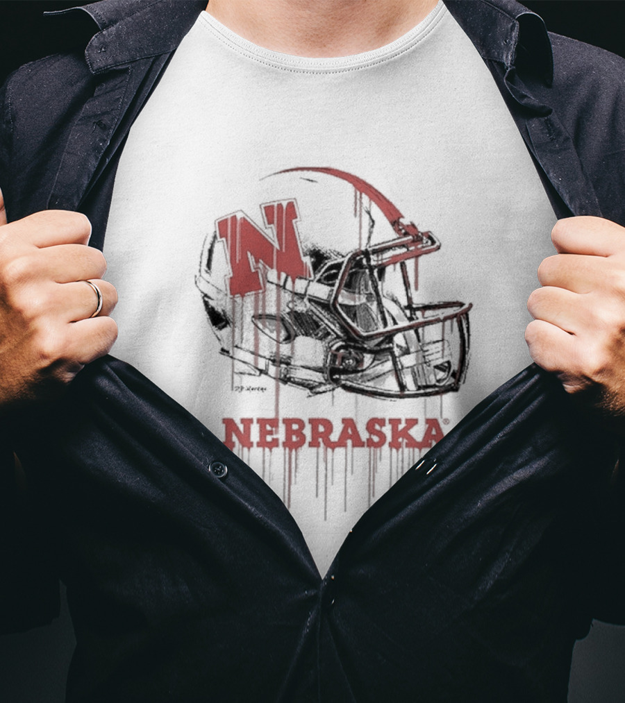 Nebraska Huskers N Dripping Football Helmet T-Shirt
