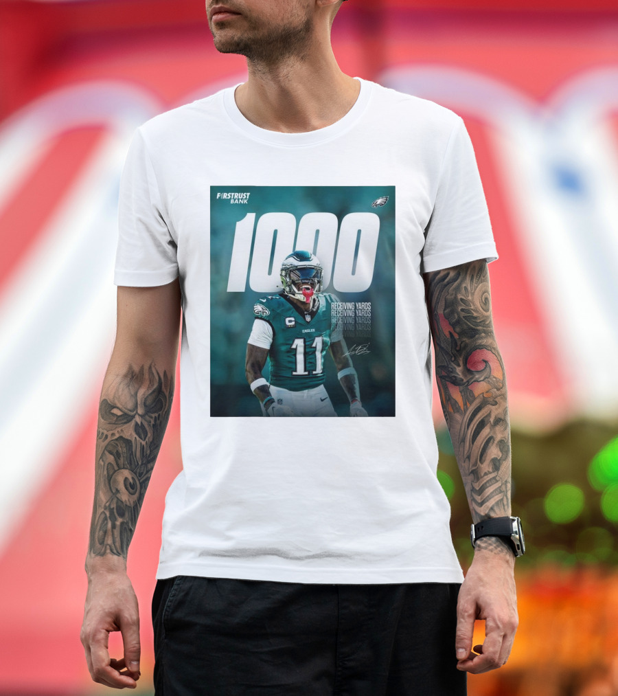 Philadelphia Eagles A.J. Brown 1000 Receiving Yards Signature Fly Eagles Fly NFL T-Shirt