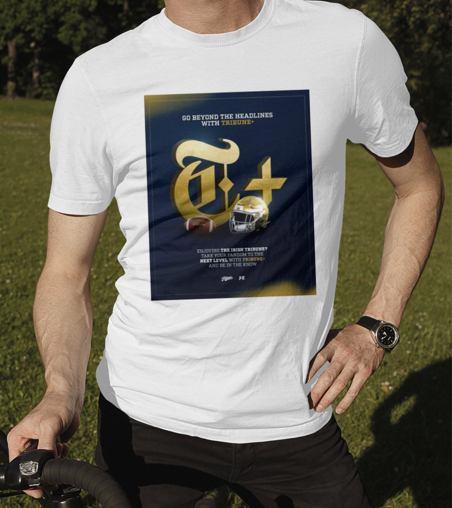 Notre Dame Fighting Irish Tribune+ Go Beyond The Headlines Football Helmet T-Shirt