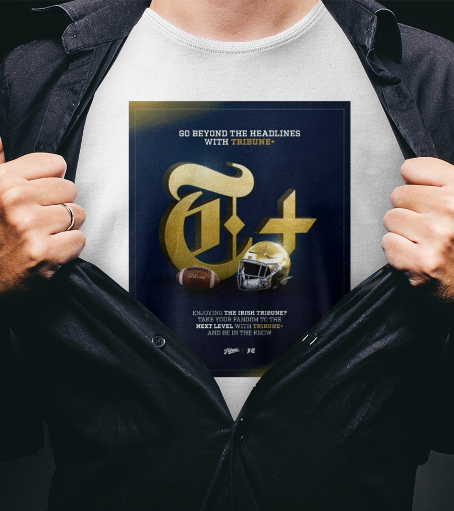 Notre Dame Fighting Irish Tribune+ Go Beyond The Headlines Football Helmet T-Shirt