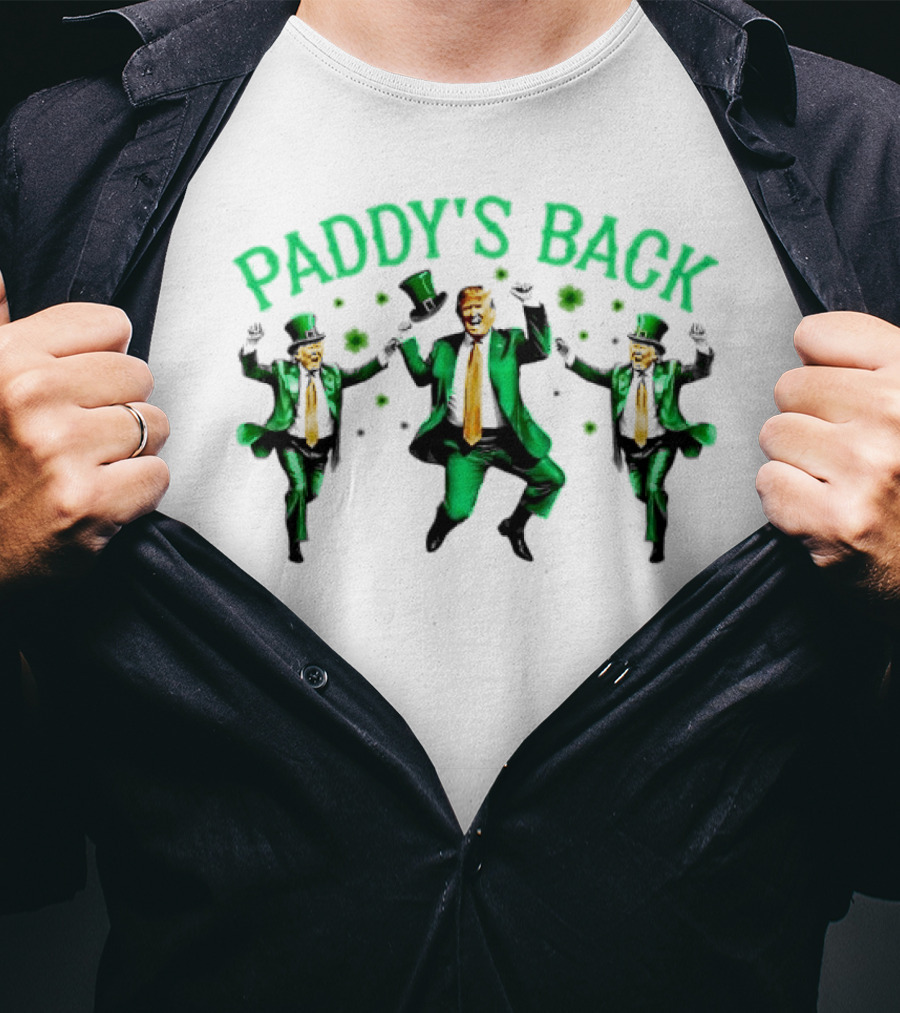 Paddy's Back St Patrick's Day Dancing Figures In Green Suit And Top Hat T-Shirt