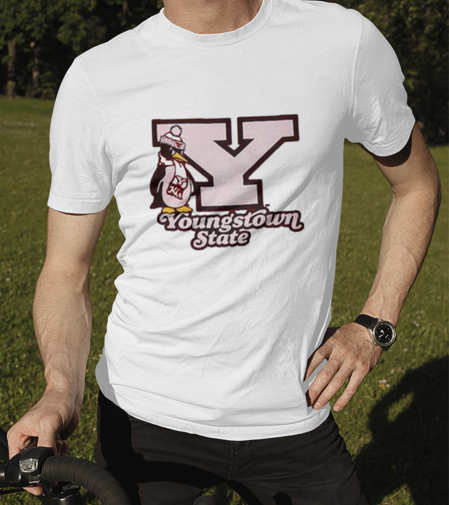 Youngstown State Pete Block Y Logo And Penguin With Scarf T-Shirt