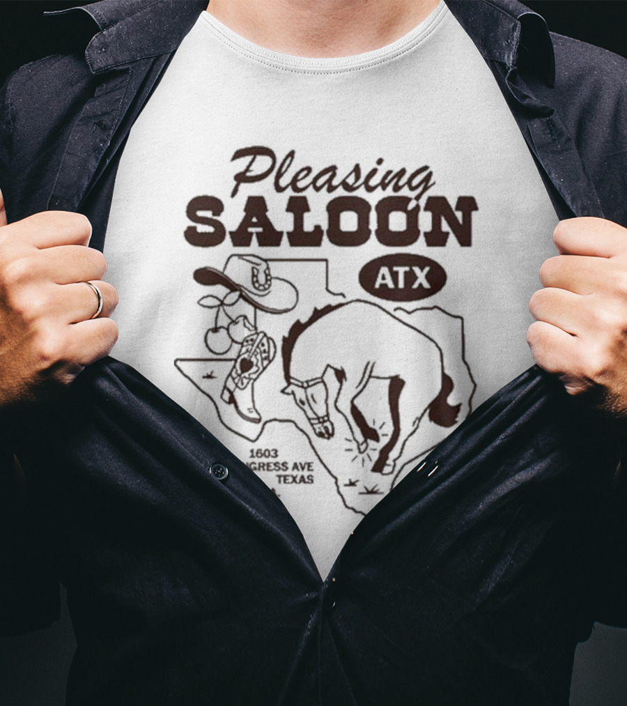 Pleasing Saloon ATX 1603 S Congress Ave Austin Texas USA Cowboy And Bull Texas Outline T-Shirt