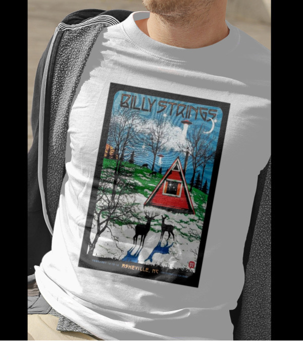 Billy Strings February 14-16 2025 ExploreAsheville.com Arena Asheville NC Cabin Scene With UFO And Deer T-Shirt