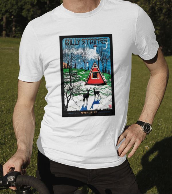 Billy Strings February 14-16 2025 ExploreAsheville.com Arena Asheville NC Cabin Scene With UFO And Deer T-Shirt