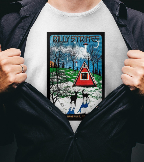 Billy Strings February 14-16 2025 ExploreAsheville.com Arena Asheville NC Cabin Scene With UFO And Deer T-Shirt
