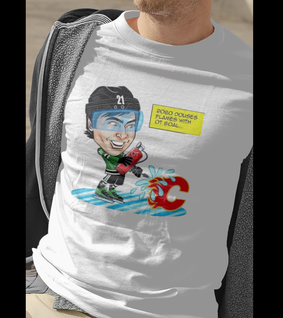 Robo Douses Flames With OT Goal Hockey Player Cartoon Extinguishing Calgary Flame Logo T-Shirt