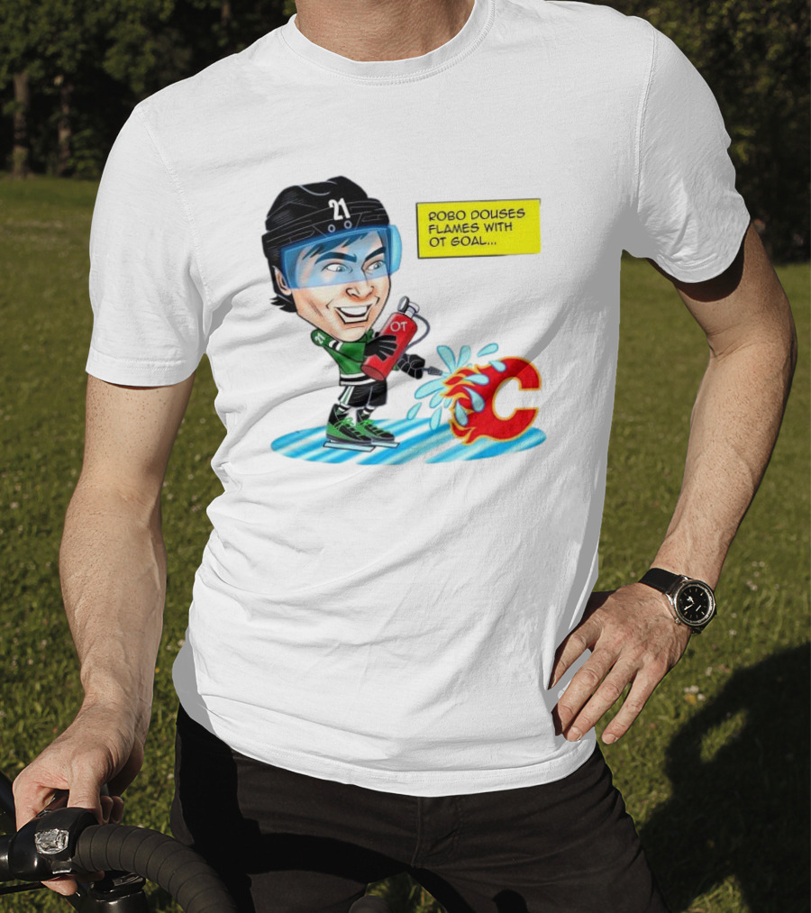 Robo Douses Flames With OT Goal Hockey Player Cartoon Extinguishing Calgary Flame Logo T-Shirt