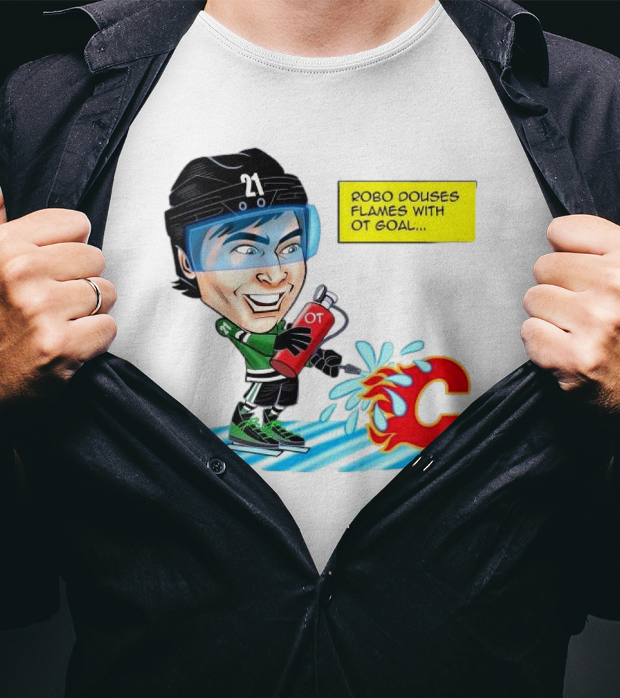 Robo Douses Flames With OT Goal Hockey Player Cartoon Extinguishing Calgary Flame Logo T-Shirt
