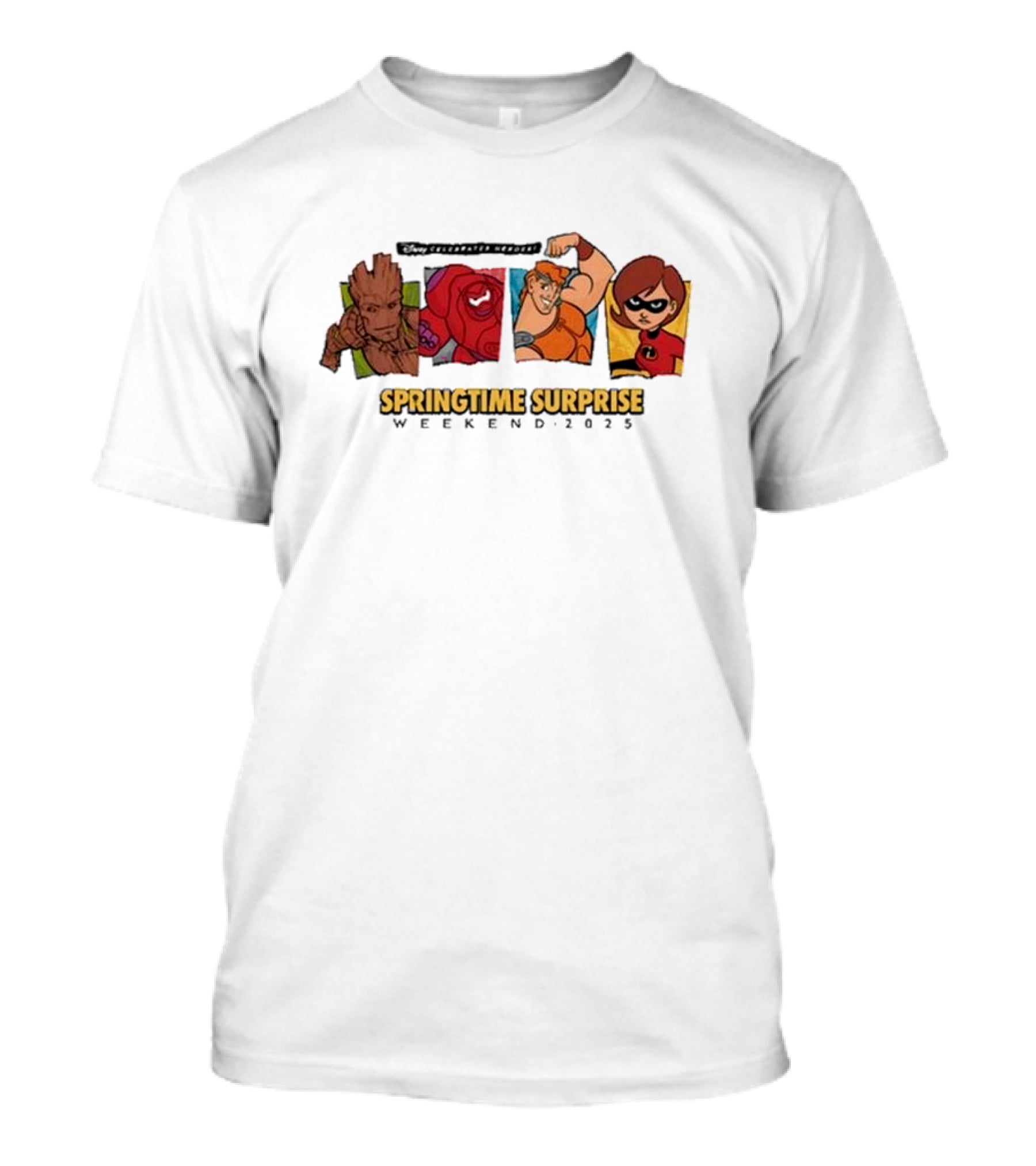 Run Disney Springtime Surprise Weekend 2025 Groot Baymax Hercules Elastigirl T-Shirt